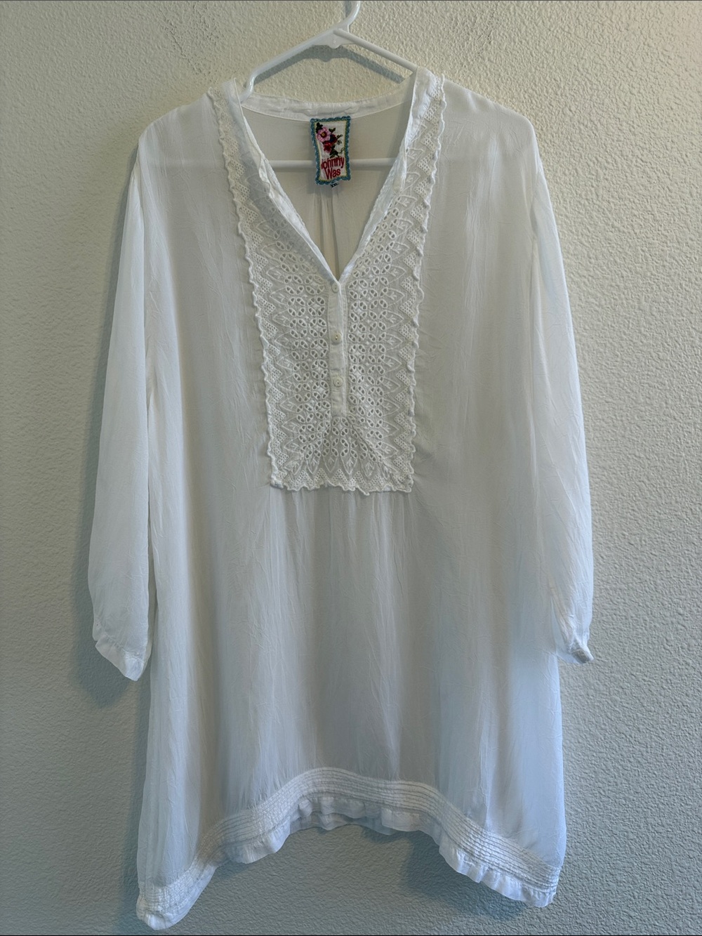 Johnny Was Womens White Lace Embroidered Eyelet Long Sleeve Tunic Top Size XXL